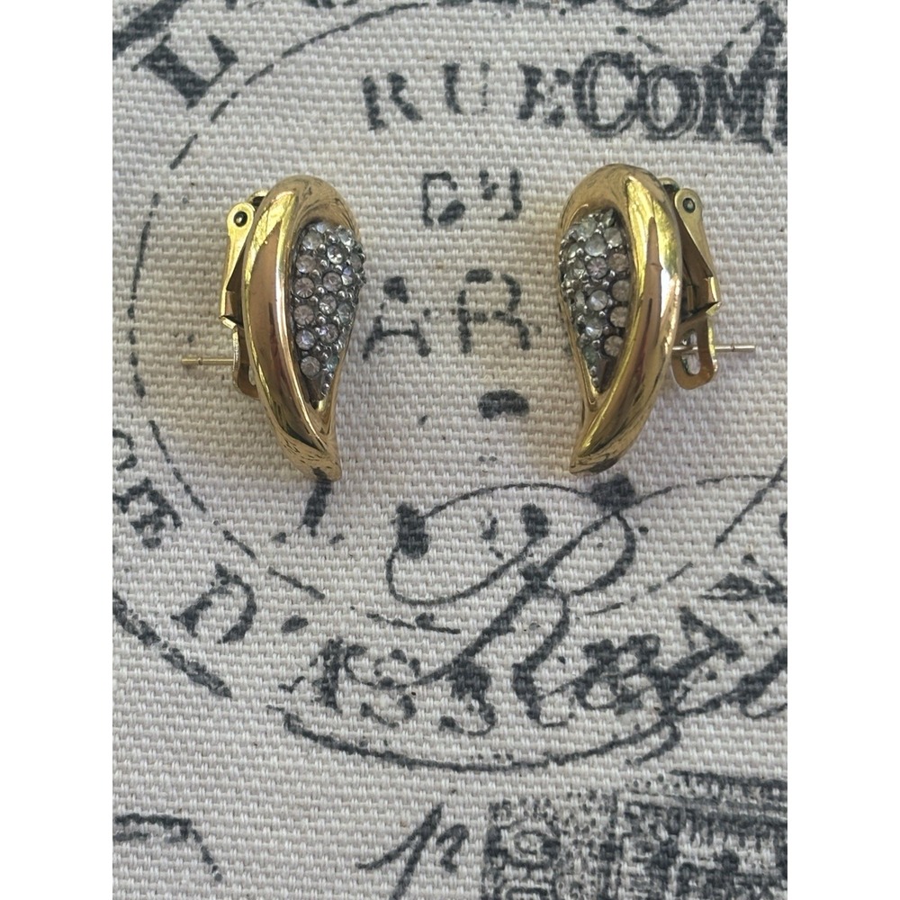 Vintage Earrings Clear Rhinestone Teardrop Gold Toned Unmarked 3/4"